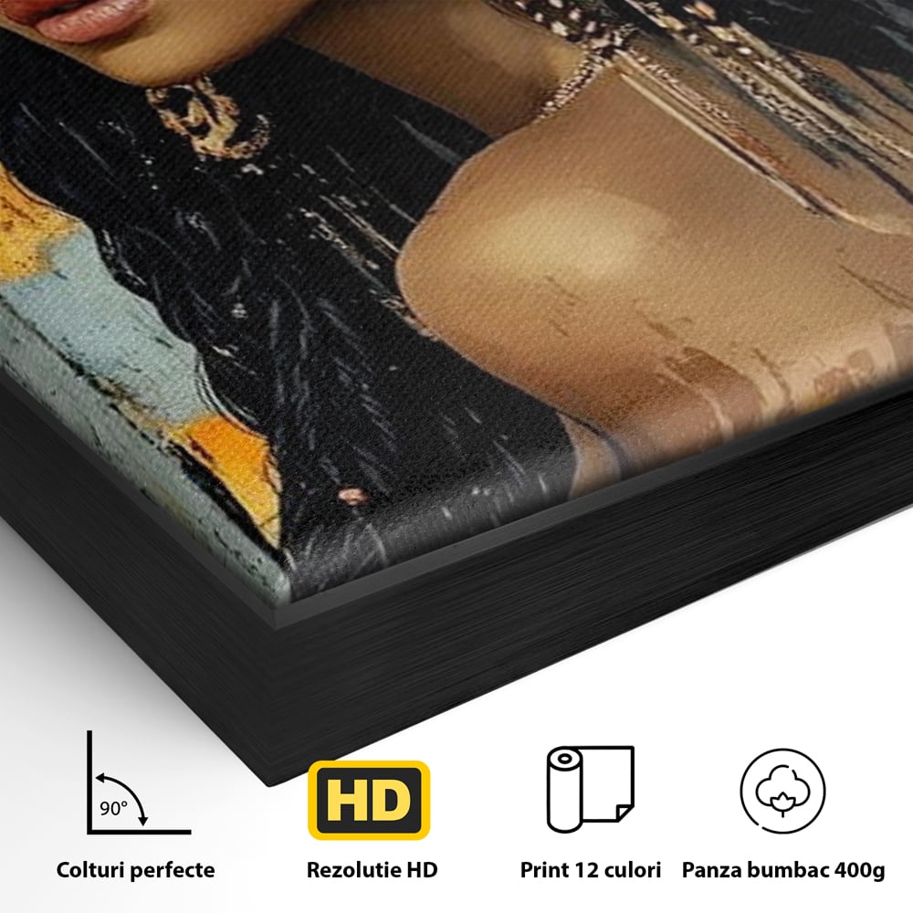 Detaliu al suprafetei: tablou canvas cu femeie si flori in par, in rama de aluminiu negru